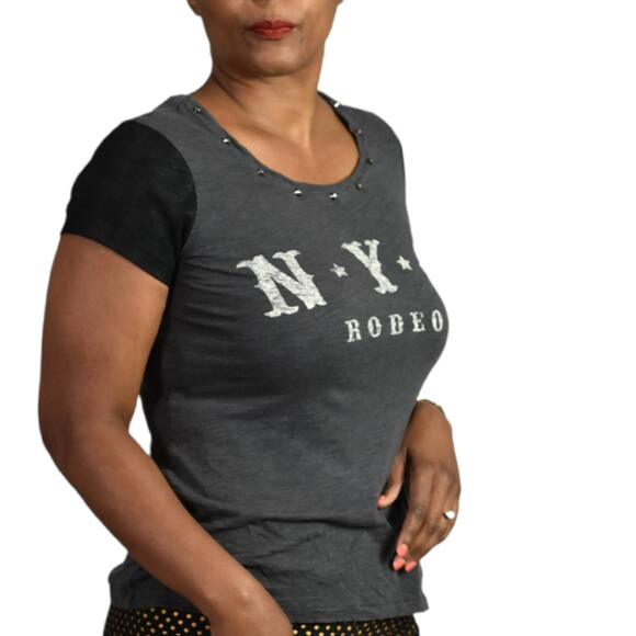 Express NYC Rodeo Tee Gray Black Size Short Sleeve Western Studded Size Small - Picture 12 of 14